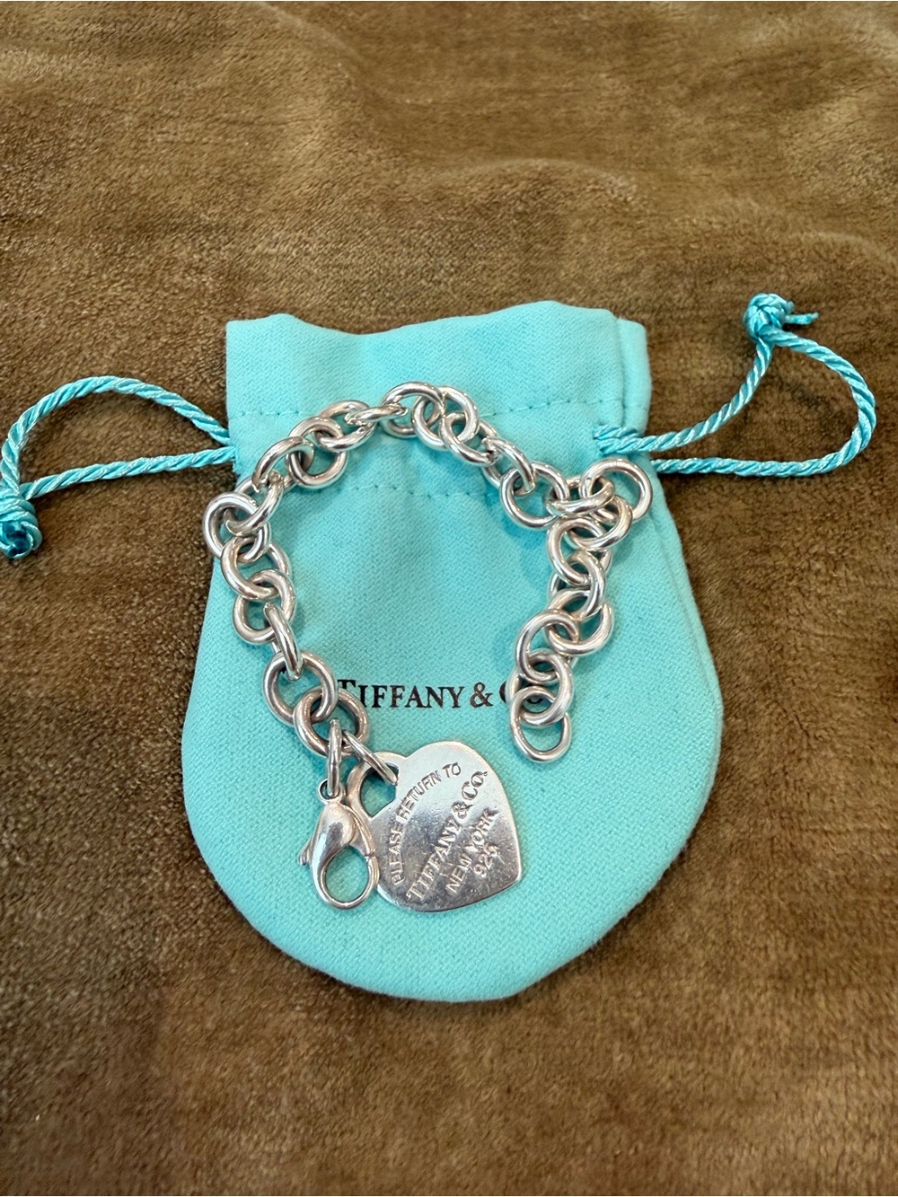 Tiffany & Co. Silver Heart Tag Charm Bracelet - Turquoise Pouch